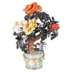 Carved stone flowering tree in cloisanne pot